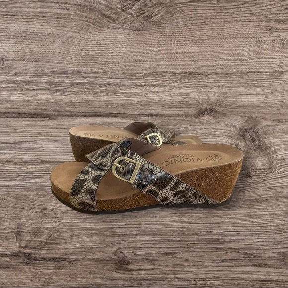 Vionic Women's Danette Snakeskin Cork Wedge Orthaheel Sandals - Picture 2 of 5